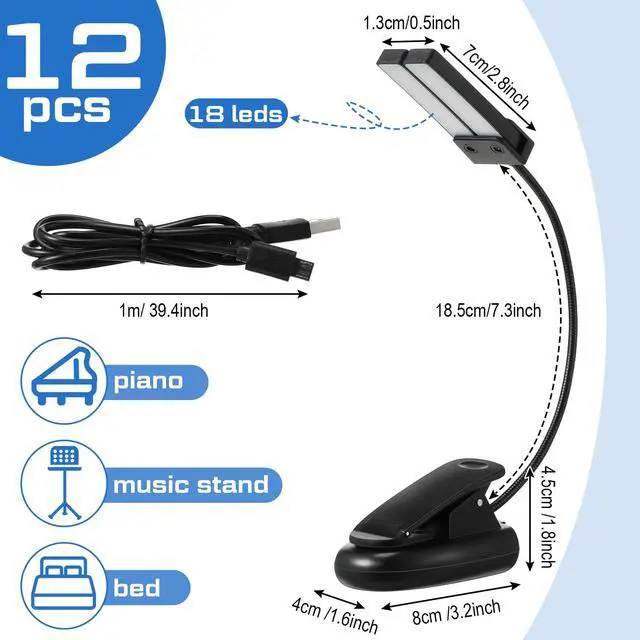 Alt view image 3 of 6 - 12 Pcs Music Stand Lights Clip on Reading Lights,Double-lamp Style | Dual Heads, Book Light in Bed, USB and AAA Battery Operated, LED Lamp, 3 Brightness Level, for Musician, Battery Not Included
