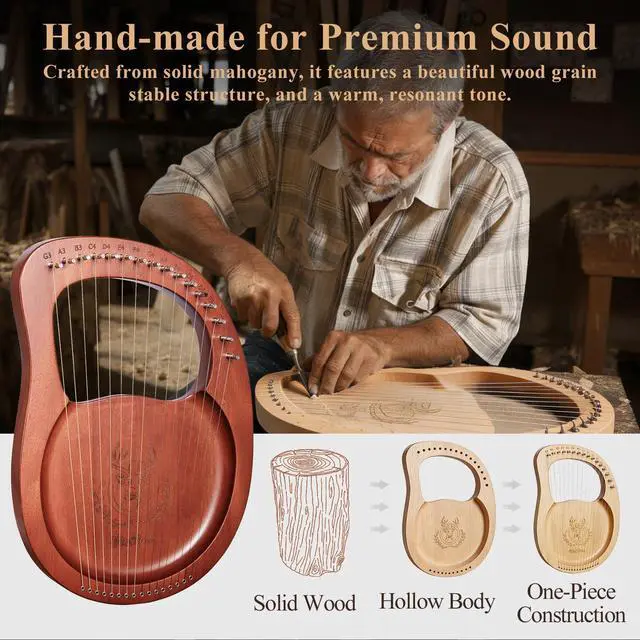Alt view image 3 of 7 - Lyre Harp, 16-String Mahogany Lyra Harp Kit, Stringed Musical Instruments with Tuning Wrench Bag Instructions Extra Strings for Beginners Adults