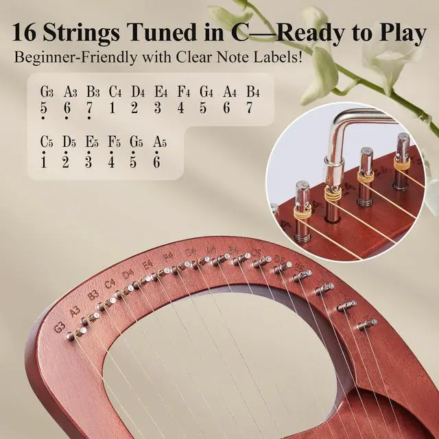 Alt view image 5 of 7 - Lyre Harp, 16-String Mahogany Lyra Harp Kit, Stringed Musical Instruments with Tuning Wrench Bag Instructions Extra Strings for Beginners Adults