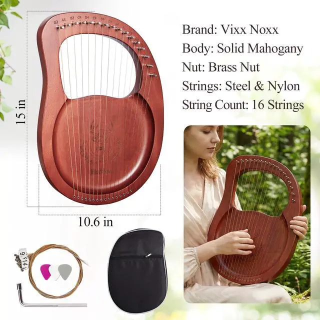 Alt view image 6 of 7 - Lyre Harp, 16-String Mahogany Lyra Harp Kit, Stringed Musical Instruments with Tuning Wrench Bag Instructions Extra Strings for Beginners Adults