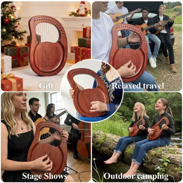Alt view image 7 of 7 - Lyre Harp, 16-String Mahogany Lyra Harp Kit, Stringed Musical Instruments with Tuning Wrench Bag Instructions Extra Strings for Beginners Adults