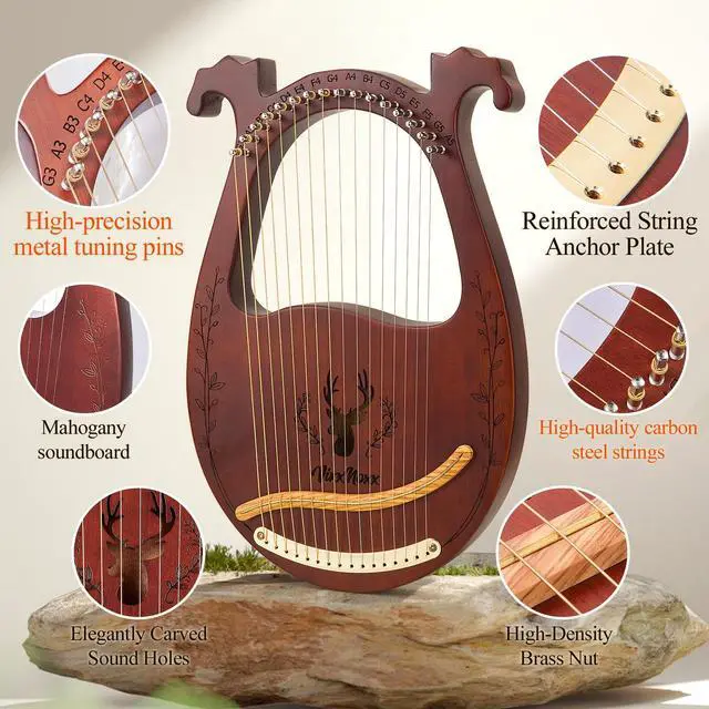 Alt view image 2 of 7 - Lyre Harp, 16-String Mahogany Lyra Harp Kit, Stringed Musical Instruments with Tuning Wrench Bag Instructions Extra Strings for Beginners Adults