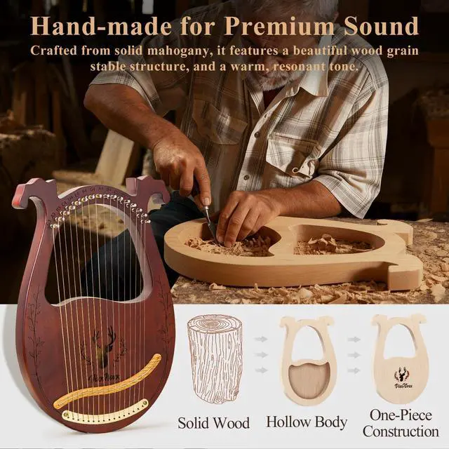 Alt view image 3 of 7 - Lyre Harp, 16-String Mahogany Lyra Harp Kit, Stringed Musical Instruments with Tuning Wrench Bag Instructions Extra Strings for Beginners Adults