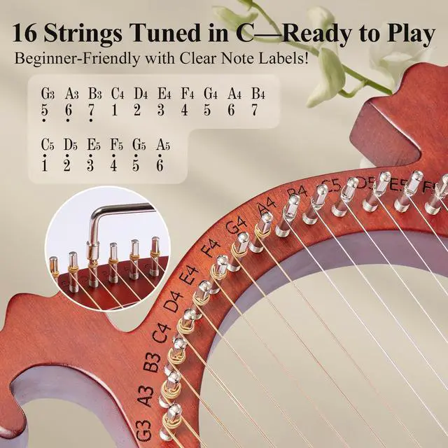 Alt view image 5 of 7 - Lyre Harp, 16-String Mahogany Lyra Harp Kit, Stringed Musical Instruments with Tuning Wrench Bag Instructions Extra Strings for Beginners Adults