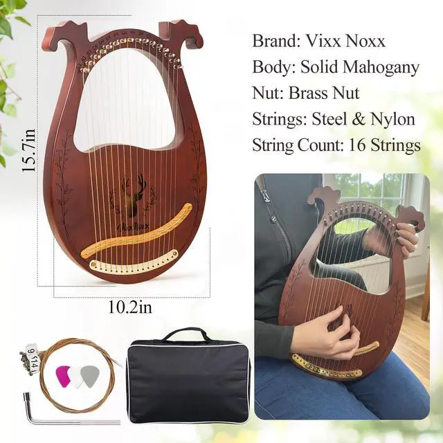 Alt view image 6 of 7 - Lyre Harp, 16-String Mahogany Lyra Harp Kit, Stringed Musical Instruments with Tuning Wrench Bag Instructions Extra Strings for Beginners Adults