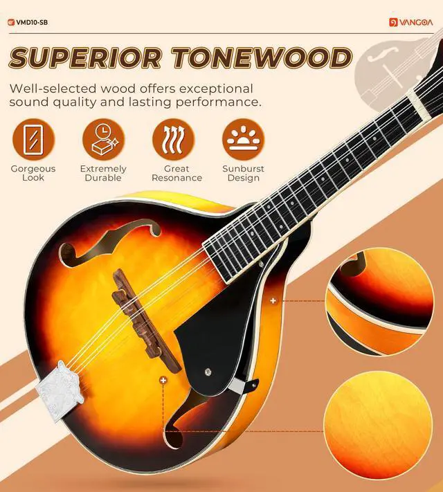 Alt view image 2 of 7 - Mandolin Musical Instrument A Style, Acoustic Mandolin Instrument Kit Italian 8 String for Professional Beginners Adults Teens Youth Kids, Sunburst, Glossy