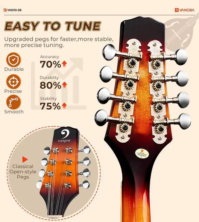 Alt view image 4 of 7 - Mandolin Musical Instrument A Style, Acoustic Mandolin Instrument Kit Italian 8 String for Professional Beginners Adults Teens Youth Kids, Sunburst, Glossy