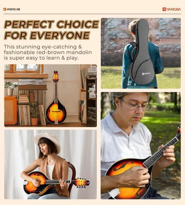 Alt view image 7 of 7 - Mandolin Musical Instrument A Style, Acoustic Mandolin Instrument Kit Italian 8 String for Professional Beginners Adults Teens Youth Kids, Sunburst, Glossy