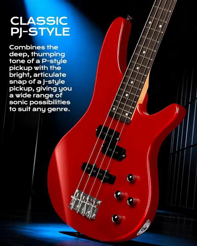 Alt view image 3 of 7 - Electric Bass Guitar 4 Strings Full-Size Standard Bass PB-Style Beginner Kit Black for Starter with Gig Bag Guitar Strap and Guitar Cable(PJ-Red)