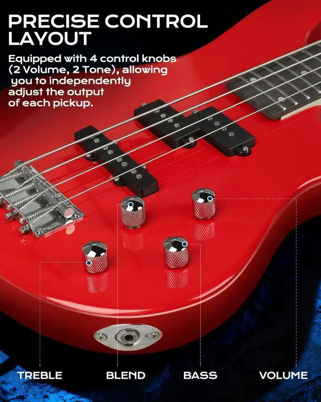Alt view image 4 of 7 - Electric Bass Guitar 4 Strings Full-Size Standard Bass PB-Style Beginner Kit Black for Starter with Gig Bag Guitar Strap and Guitar Cable(PJ-Red)