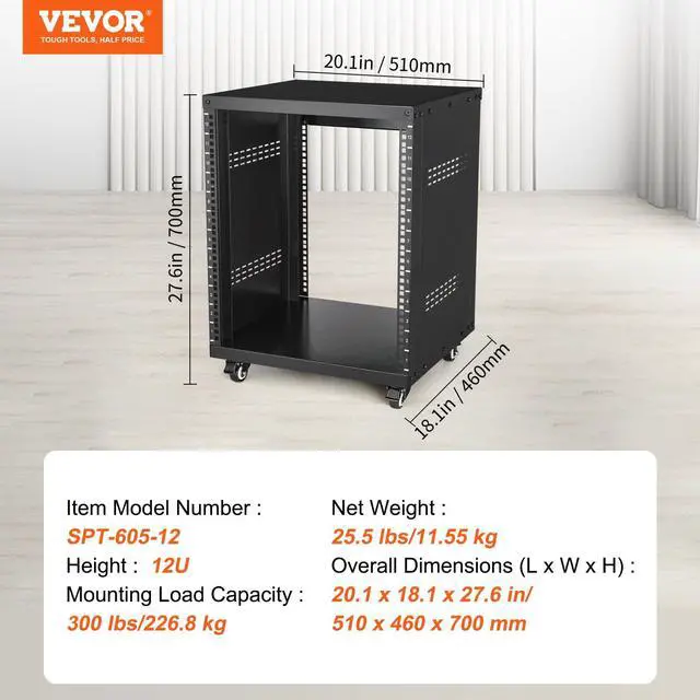 Alt view image 7 of 7 - 12U AV Rack Stand with Caster Wheels, Component Rack Cabinet Recording Studio Racks, Removable Side Panels, Universal Network Server Case, Special Vents for 19'' Audio Video Rack Mounting