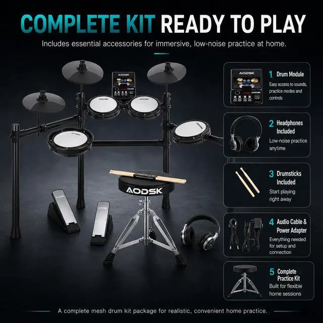 Alt view image 2 of 7 - Electronic Drum Set, Professional Mesh Drum Pads, Upgraded Sound Module 260 sounds/30 Kits/20 Songs,Includes Sticks,Headphones,drum throne (2026 New Upgraded)