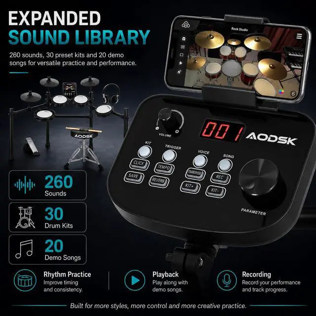 Alt view image 5 of 7 - Electronic Drum Set, Professional Mesh Drum Pads, Upgraded Sound Module 260 sounds/30 Kits/20 Songs,Includes Sticks,Headphones,drum throne (2026 New Upgraded)