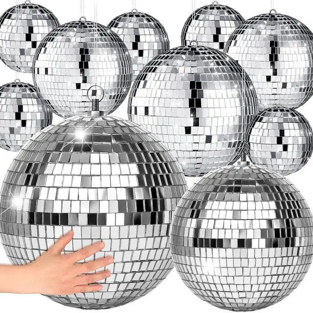 Main image of 17 Pcs Disco Ball Decor: Mini Large Assorted Size Hanging Mirror Disco Ball Sets - Silver Party Ornaments for Stage Club Prom Props 70s Weddings Dance Music Birthday(12, 8, 6, 4, 3.2 Inch)