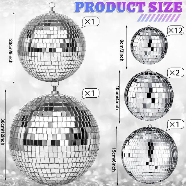 Alt view image 3 of 6 - 17 Pcs Disco Ball Decor: Mini Large Assorted Size Hanging Mirror Disco Ball Sets - Silver Party Ornaments for Stage Club Prom Props 70s Weddings Dance Music Birthday(12, 8, 6, 4, 3.2 Inch)