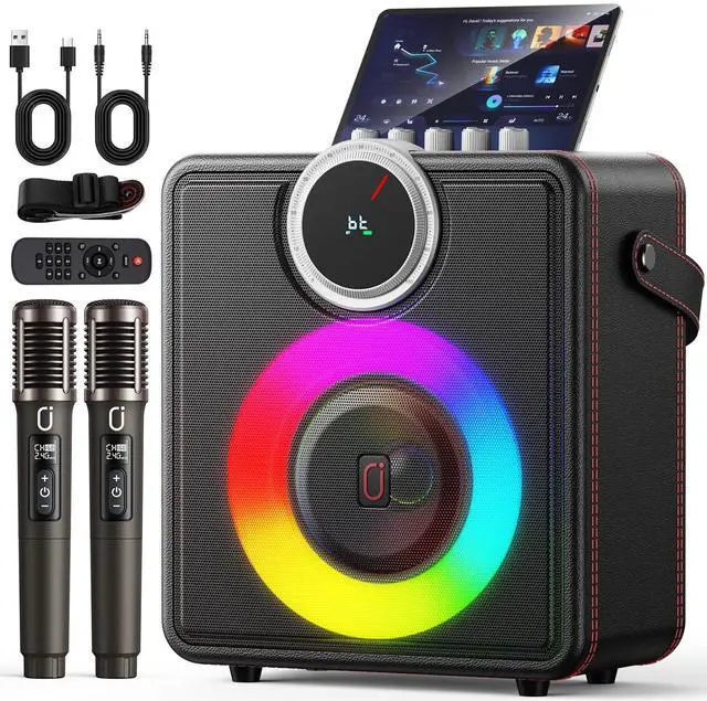 Main image of Karaoke Machine with 2 Wireless Microphones, Bluetooth Party Speaker | Powerful Bass & Clear Vocals for Karaoke, 24H Portable Entertainment, Rhythm-Synced LED Party Lights, Classic Premium Finish