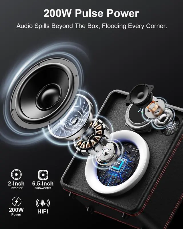 Alt view image 2 of 7 - Karaoke Machine with 2 Wireless Microphones, Bluetooth Party Speaker | Powerful Bass & Clear Vocals for Karaoke, 24H Portable Entertainment, Rhythm-Synced LED Party Lights, Classic Premium Finish