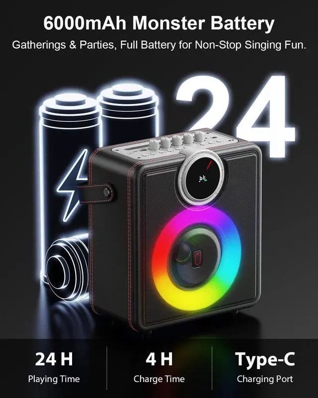Alt view image 5 of 7 - Karaoke Machine with 2 Wireless Microphones, Bluetooth Party Speaker | Powerful Bass & Clear Vocals for Karaoke, 24H Portable Entertainment, Rhythm-Synced LED Party Lights, Classic Premium Finish
