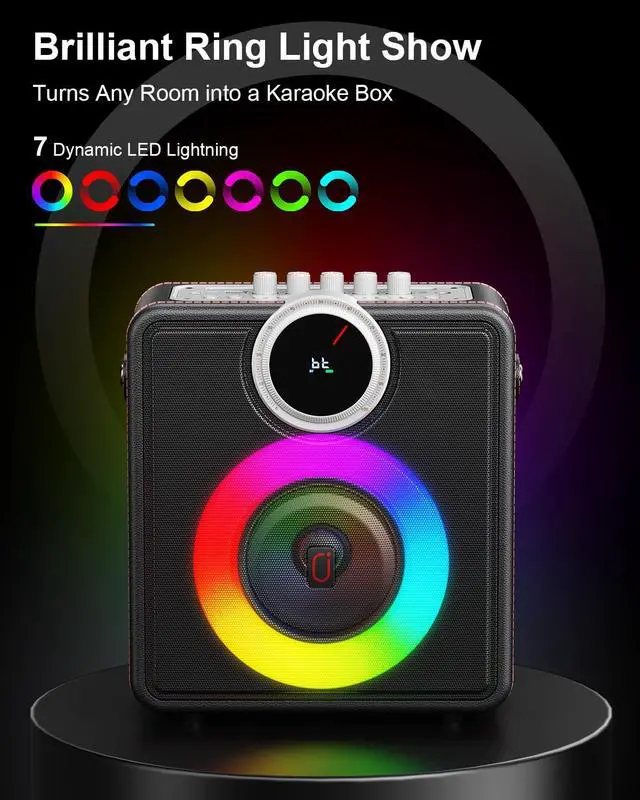 Alt view image 6 of 7 - Karaoke Machine with 2 Wireless Microphones, Bluetooth Party Speaker | Powerful Bass & Clear Vocals for Karaoke, 24H Portable Entertainment, Rhythm-Synced LED Party Lights, Classic Premium Finish