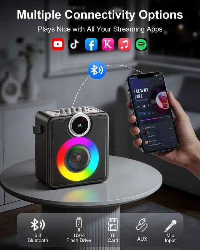 Alt view image 7 of 7 - Karaoke Machine with 2 Wireless Microphones, Bluetooth Party Speaker | Powerful Bass & Clear Vocals for Karaoke, 24H Portable Entertainment, Rhythm-Synced LED Party Lights, Classic Premium Finish
