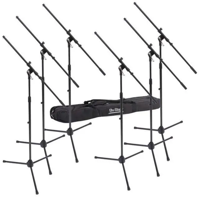 Main image of On-Stage MSP7706 Euro Boom 6 Mic Stands w/Travel Bag (For Vocal and Instrument Microphones, Height-Adjustable, Rugged, Lightweight, Steel, Standard Threading, Folding Tripod, Durable, Black)