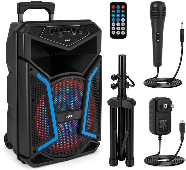 Main image of Portable Bluetooth PA Speaker System - 800W Outdoor Bluetooth Speaker Portable PA System w/ Microphone In, Party Lights, MP3/USB, FM Radio, Rolling Wheels - Mic, Remote - PPHP122SM,Black