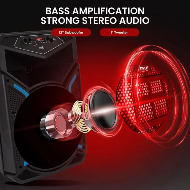 Alt view image 2 of 7 - Portable Bluetooth PA Speaker System - 800W Outdoor Bluetooth Speaker Portable PA System w/ Microphone In, Party Lights, MP3/USB, FM Radio, Rolling Wheels - Mic, Remote - PPHP122SM,Black