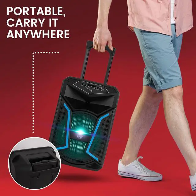 Alt view image 6 of 7 - Portable Bluetooth PA Speaker System - 800W Outdoor Bluetooth Speaker Portable PA System w/ Microphone In, Party Lights, MP3/USB, FM Radio, Rolling Wheels - Mic, Remote - PPHP122SM,Black