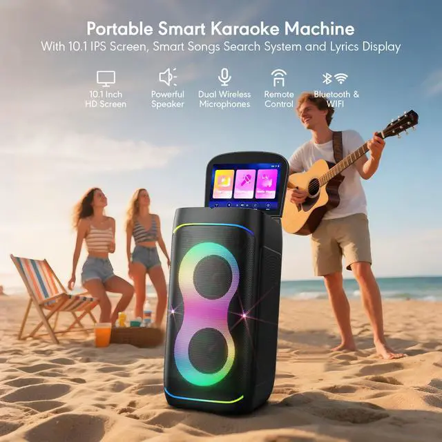 Alt view image 2 of 7 - Smart Karaoke Machine with 10.1 Inch Screen, with Lyrics Display, Build-in Karaoke APP, 300W Powerful Speaker, 2 Wireless Microphones, for Family or Friend Party (X1)