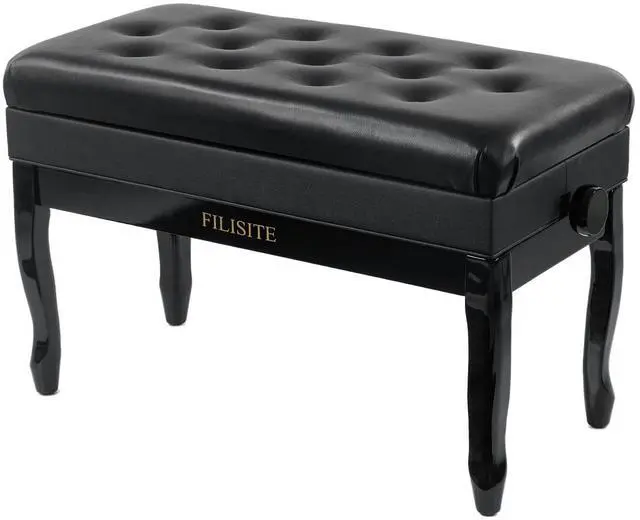 Main image of Genuine Leather Piano Bench with Storage, Adjustable Height Keyboard Bench with High-Density Sponge Cushion,Curved Legs for Piano/Keyboard, Supports Duet Playing,Black