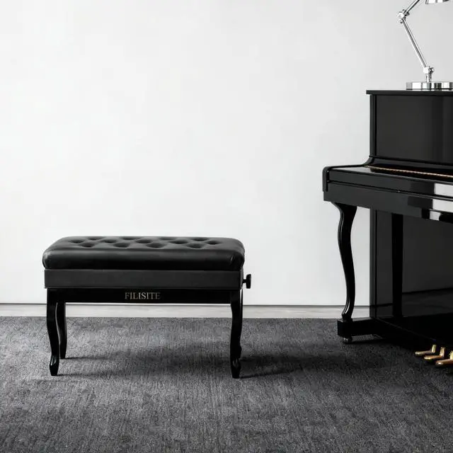 Alt view image 2 of 7 - Genuine Leather Piano Bench with Storage, Adjustable Height Keyboard Bench with High-Density Sponge Cushion,Curved Legs for Piano/Keyboard, Supports Duet Playing,Black