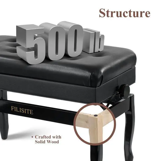 Alt view image 7 of 7 - Genuine Leather Piano Bench with Storage, Adjustable Height Keyboard Bench with High-Density Sponge Cushion,Curved Legs for Piano/Keyboard, Supports Duet Playing,Black