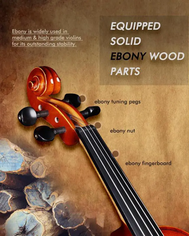 Alt view image 4 of 7 - Aileen Solid Wood Violin 4/4 Full Size for Adults Beginners, Fiddle Set for Kids Students Starters Age 12+