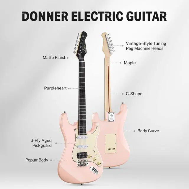 Alt view image 2 of 7 - DST-200 Electric Guitar with HSS Pickup Coil Split | Designer Series | Full-size Electric Solid Body Guitar Kit for Adults, Beginner & Pro Players with Online Lesson, Blossom Pink