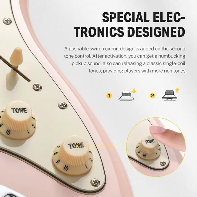 Alt view image 3 of 7 - DST-200 Electric Guitar with HSS Pickup Coil Split | Designer Series | Full-size Electric Solid Body Guitar Kit for Adults, Beginner & Pro Players with Online Lesson, Blossom Pink