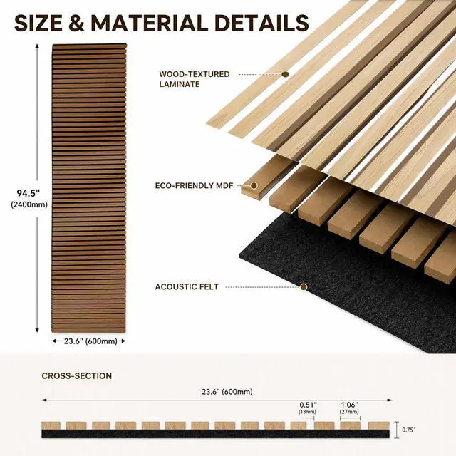 Alt view image 2 of 7 - Acoustic Wood Panels for Wall,3D Flexible Fluted Sound Slat Panel (Walnut) | Soundproof,Absorbing,Noise Cancelling,94.5 x 23.6in