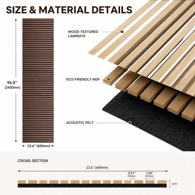 Alt view image 2 of 7 - Acoustic Wood Panels for Wall,3D Flexible Fluted Sound Slat Panel (Brown) | Soundproof,Absorbing,Noise Cancelling,94.5 x 23.6in