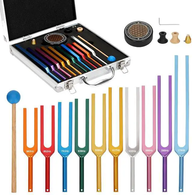 Main image of 10 PCS Tuning Fork Set, Solfeggio Sound Healing Forks with Activator | 174-963Hz aluminum alloy tuning forks with color coding, feet and activator included for meditation, yoga and relaxation