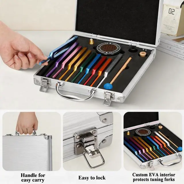 Alt view image 7 of 7 - 10 PCS Tuning Fork Set, Solfeggio Sound Healing Forks with Activator | 174-963Hz aluminum alloy tuning forks with color coding, feet and activator included for meditation, yoga and relaxation