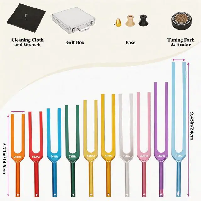 Alt view image 6 of 7 - 10 PCS Tuning Fork Set, Solfeggio Sound Healing Forks with Activator | 174-963Hz aluminum alloy tuning forks with color coding, feet and activator included for meditation, yoga and relaxation