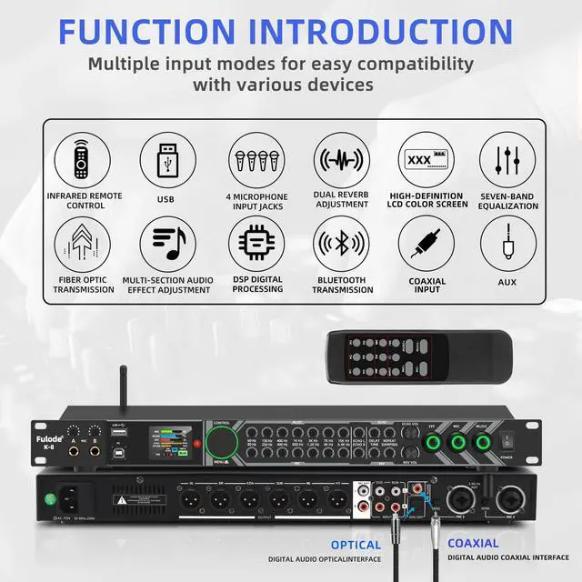 Alt view image 2 of 7 - K-8 Professional KTV Digital Pre-stage Effector Anti-howling Audio Processor Echo USB MP3 Bluetooth Optical,with Remote Control,For Household Reverberator Karaoke,Stage,Church, Performance,Wedd