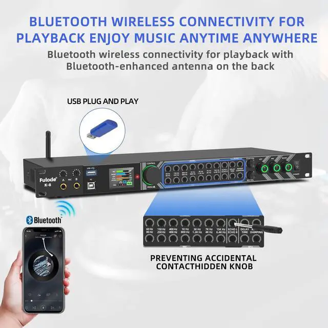 Alt view image 5 of 7 - K-8 Professional KTV Digital Pre-stage Effector Anti-howling Audio Processor Echo USB MP3 Bluetooth Optical,with Remote Control,For Household Reverberator Karaoke,Stage,Church, Performance,Wedd