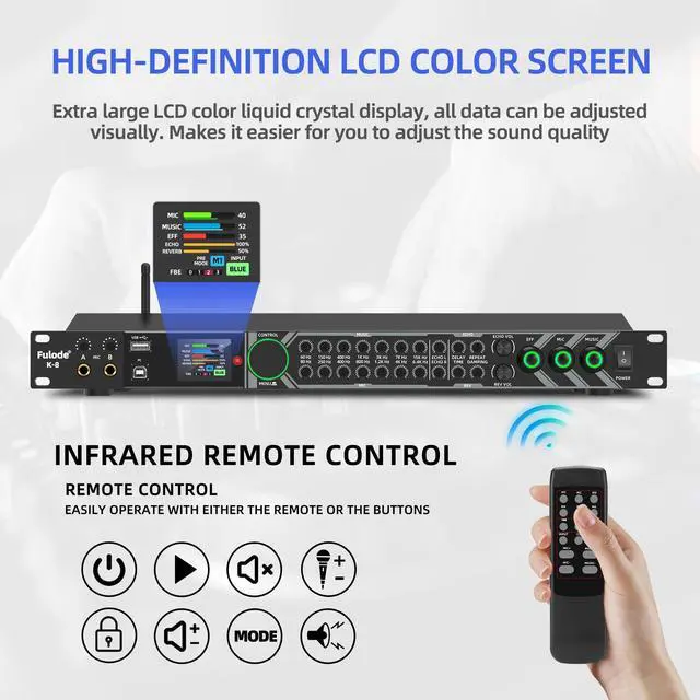 Alt view image 6 of 7 - K-8 Professional KTV Digital Pre-stage Effector Anti-howling Audio Processor Echo USB MP3 Bluetooth Optical,with Remote Control,For Household Reverberator Karaoke,Stage,Church, Performance,Wedd