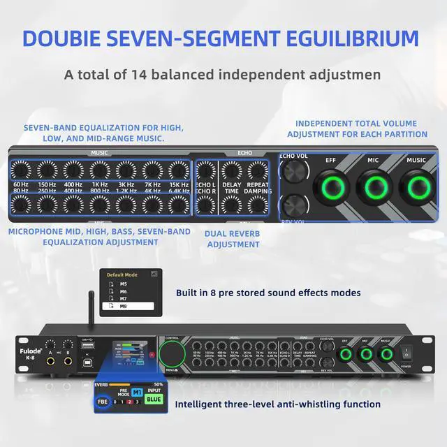 Alt view image 4 of 7 - K-8 Professional KTV Digital Pre-stage Effector Anti-howling Audio Processor Echo USB MP3 Bluetooth Optical,with Remote Control,For Household Reverberator Karaoke,Stage,Church, Performance,Wedd