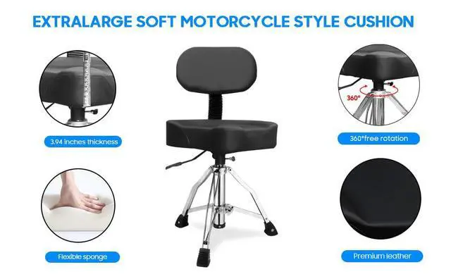 Alt view image 5 of 7 - Drum seat with backrest, Heavy-Duty Adjustable Hydraulic Drum Chair, Motorcycle Style seat, Drum Stool Suitable for Drummers, Adult Guitarists