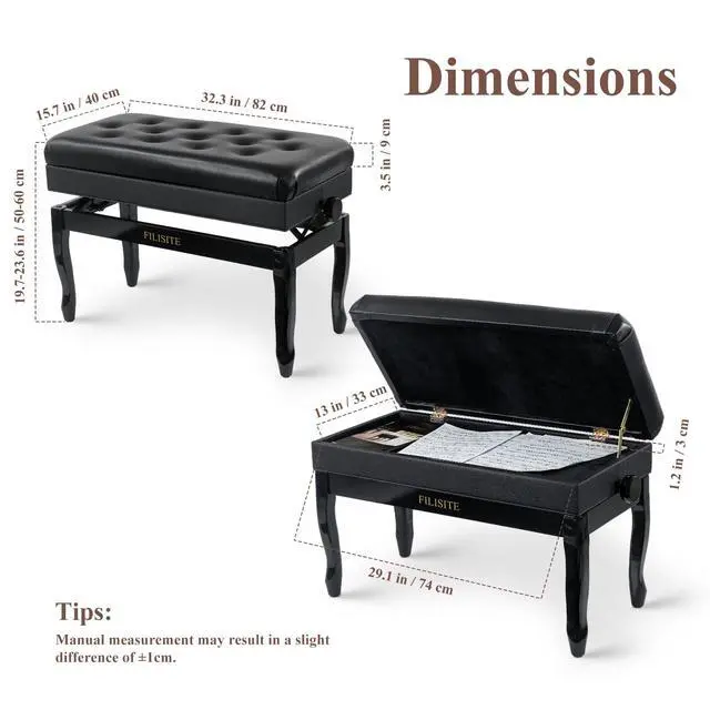 Alt view image 3 of 7 - Genuine Leather Piano Bench with Storage, Adjustable Height Keyboard Bench with High-Density Sponge Cushion,Curved Legs for Piano/Keyboard, Supports Duet Playing,Black