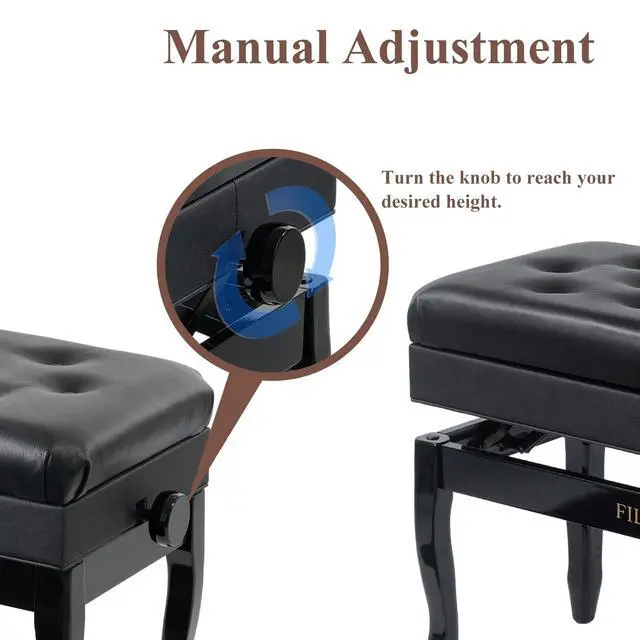 Alt view image 5 of 7 - Genuine Leather Piano Bench with Storage, Adjustable Height Keyboard Bench with High-Density Sponge Cushion,Curved Legs for Piano/Keyboard, Supports Duet Playing,Black