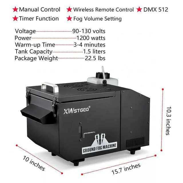 Alt view image 5 of 7 - 1200W Low Lying Ground Fog Machine DMX512 Wireless Remote Control | Adjustable Fog Output, Anti-Dry Pump Protection, Stainless Steel Tank for Wedding Halloween DJ Stage