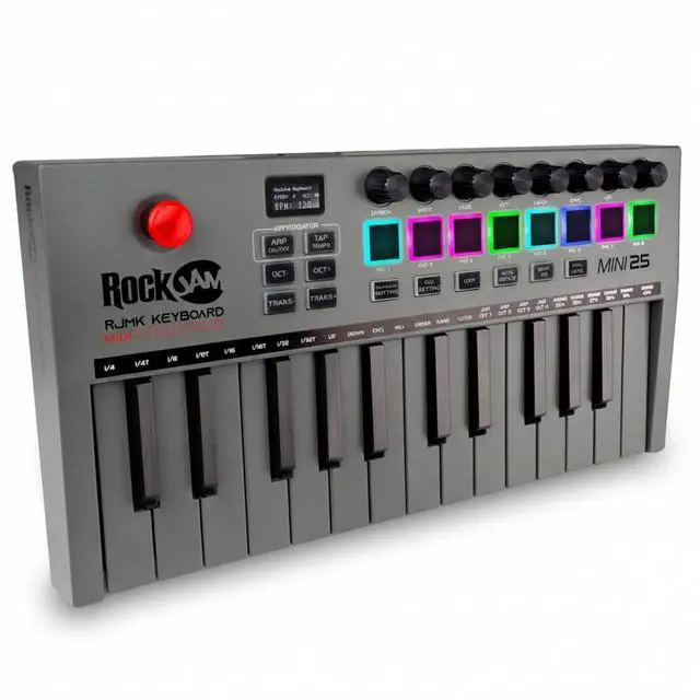 Main image of RJMK25 25 Key USB MIDI Keyboard Controller with Drum Pads | Rechargeable USB MIDI controller with 25 velocity sensitive mini keys, 8 backlit drum pads and 8 control knobs