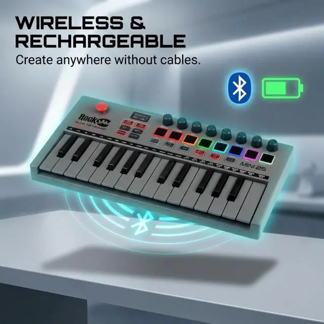 Alt view image 2 of 7 - RJMK25 25 Key USB MIDI Keyboard Controller with Drum Pads | Rechargeable USB MIDI controller with 25 velocity sensitive mini keys, 8 backlit drum pads and 8 control knobs